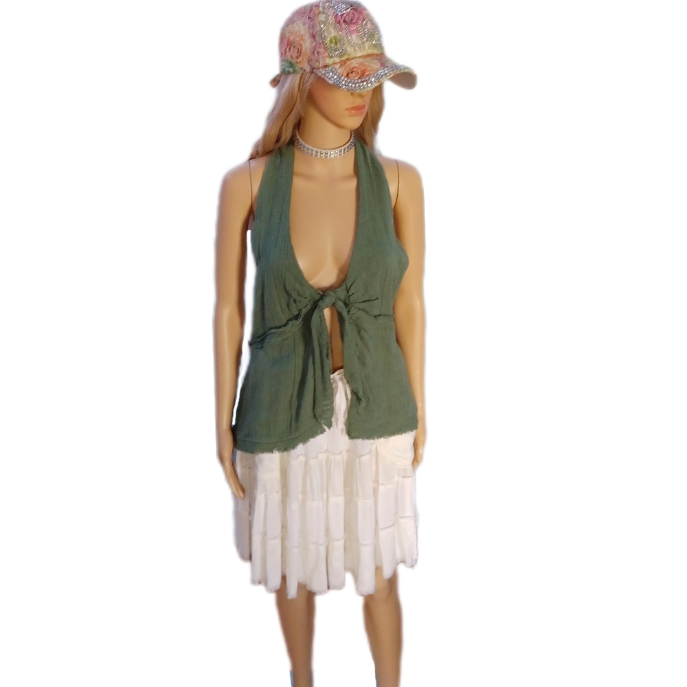Free People Green Tie Front Backless Tank Top